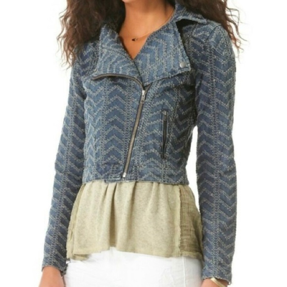 Free People denim motorcycle jacket with chevron pattern